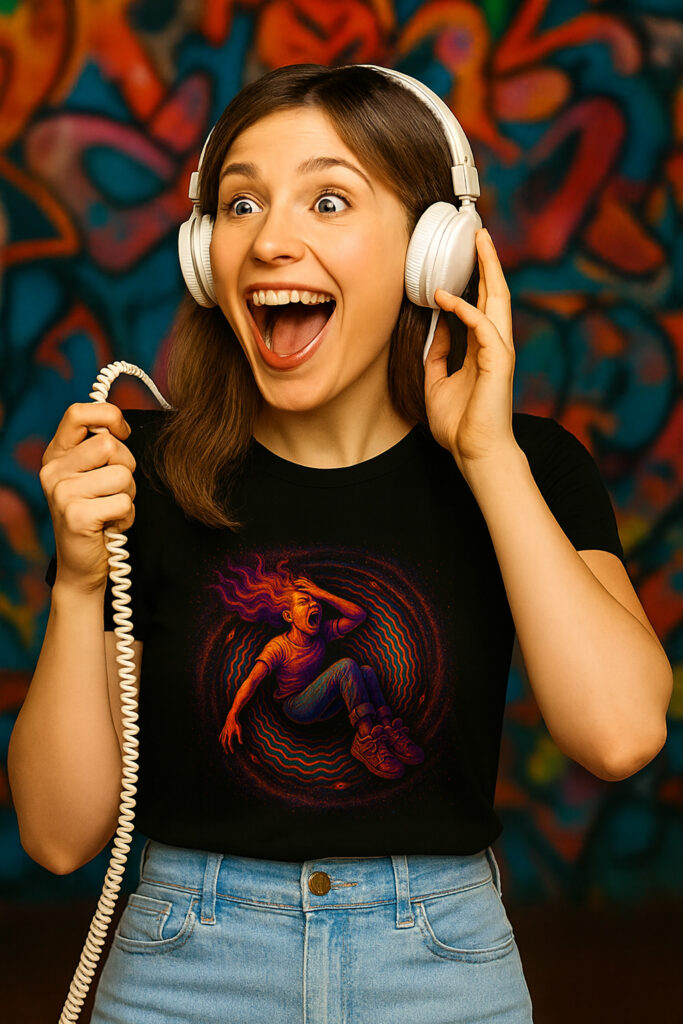 Headphones-lady-Home-page-with design on the t-shirt front
